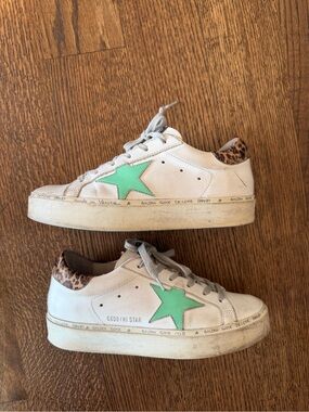 Golden Goose Kids White Sneakers with Mint Green Star and Leopard Heel